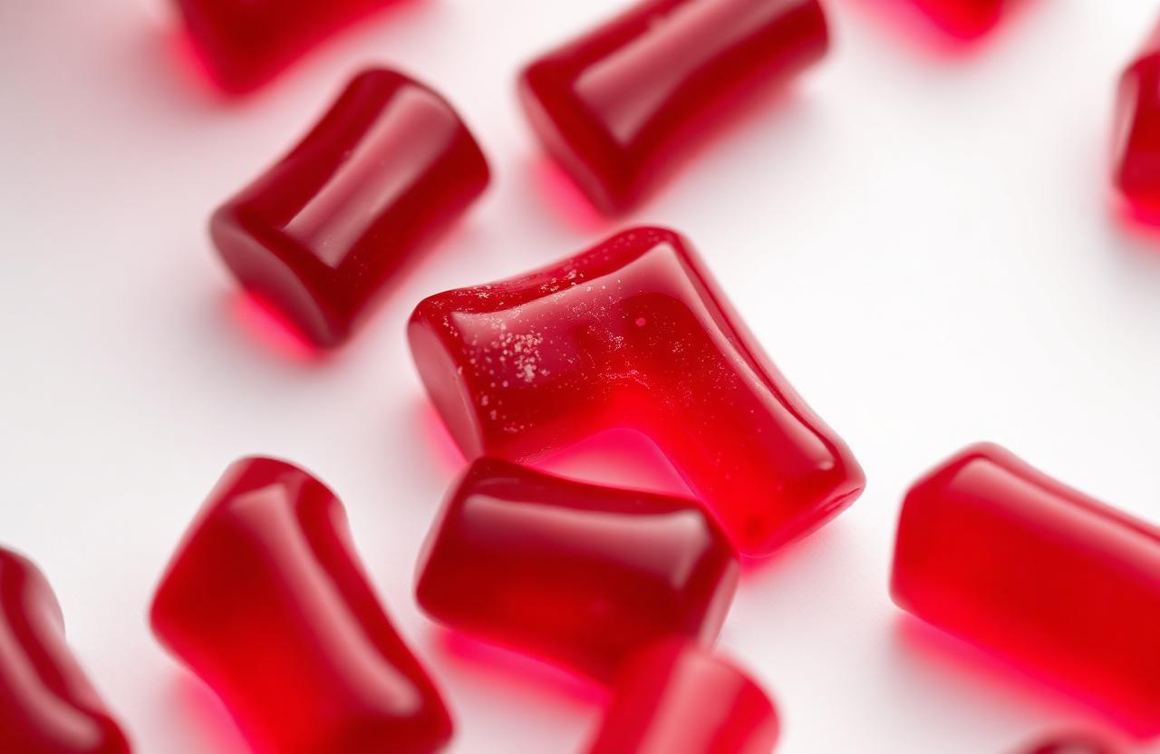 Red berry-flavored gummies close up